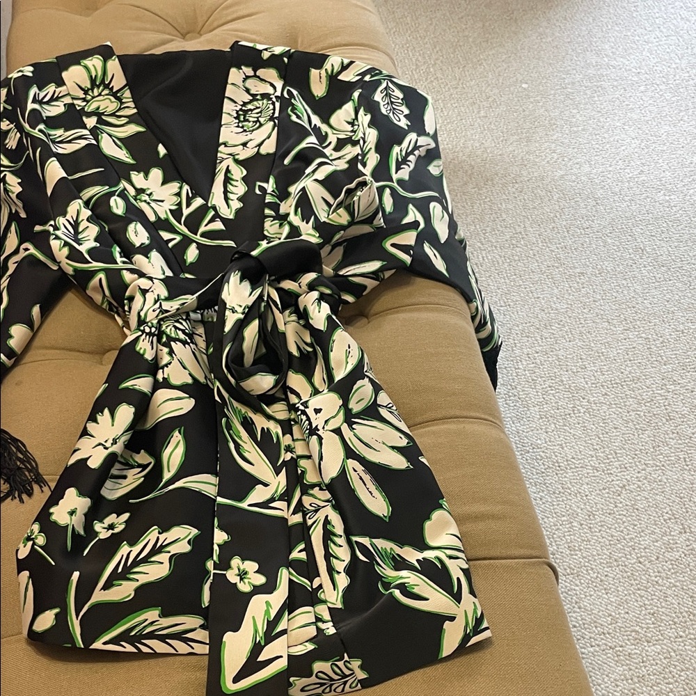 Black Floral Tie-Waist Wrap Top with Cream & Green Print
